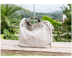 Canvas Leather Mens Womens Handbag Tote Bag White Shoulder Bag Tote Purse For Men - imessengerbags