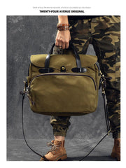 Canvas Leather Mens Khaki Briefcase 15'' Side Bag Messenger Bag Shoulder Bag For Men - imessengerbags