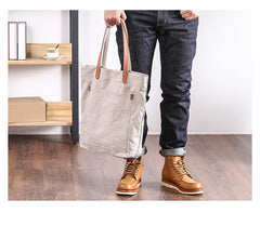Canvas Leather Mens Womens Large White Handbag Tote Bag Khaki Shoulder Tote Purse For Men - imessengerbags
