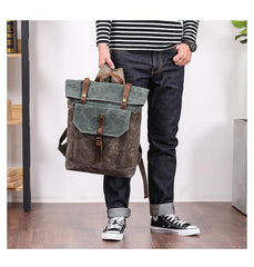 Waxed Canvas Mens Womens 15‘’ Computer Backpack Green School Backpack Hiking Backpack for Men - imessengerbags