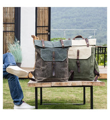 Waxed Canvas Mens Womens 15‘’ Computer Backpack Green School Backpack Hiking Backpack for Men - imessengerbags