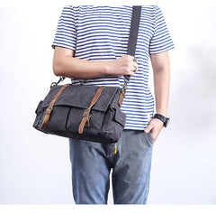 Waxed Canvas Leather Mens Waterproof 10'' Side Bag Courier Bag Blue Messenger Bag For Men