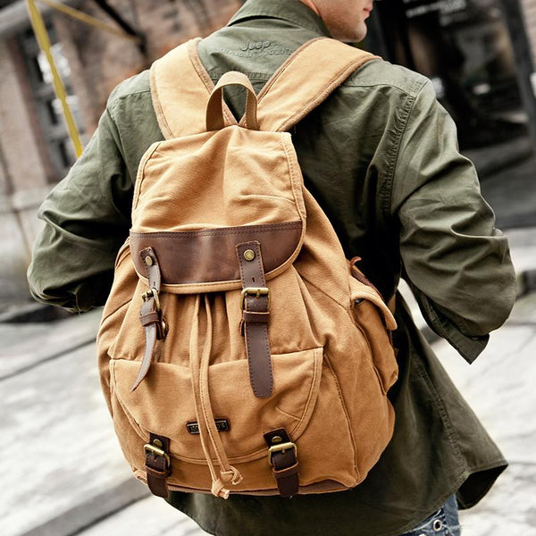 Canvas Leather Mens Women 16" Black Travel Backpack Khaki Computer Bag College Backpack for Men - imessengerbags
