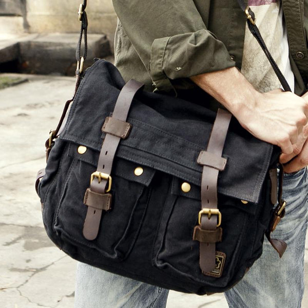 Canvas Leather Women Mens Blue 15'' Messenger Bag Khaki Side Bag Brown Shoulder Bag For Men - imessengerbags