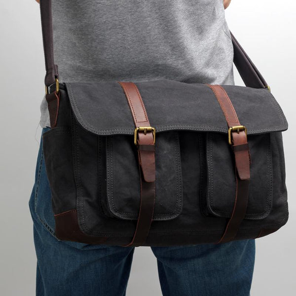 Canvas Mens Side Bag 15'' Black Large Courier Bag Postman Bag Messenger Bag for Men