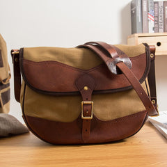 Canvas Leather Mens Casual Khaki Shoulder Bag Saddle Courier Bag Side Bag Messenger Bag for Men