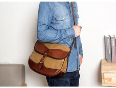 Canvas Leather Mens Casual Khaki Shoulder Bag Saddle Courier Bag Side Bag Messenger Bag for Men