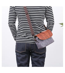 Leather Canvas Mens Small Side Bag Gray Courier Bag Postman Bag Messenger Bag for Men - imessengerbags