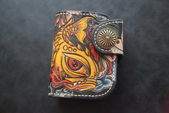 Tooled Arowana Handmade Leather Mens Short Biker Wallets BIfold SMall Wallet For Men