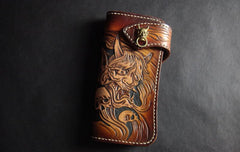 Handmade Skull Tooled Black Leather Mens Long Biker Wallet Biker Chain Wallet For Men - imessengerbags