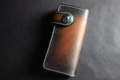 Handmade Skull Tooled Black Leather Mens Long Biker Wallet Biker Chain Wallet For Men - imessengerbags