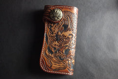 Handmade Skull Tooled Black Leather Mens Long Biker Wallet Biker Chain Wallet For Men