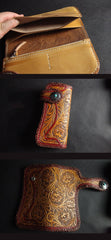 Handmade Skull Tooled Black Leather Mens Long Biker Wallet Biker Chain Wallet For Men - imessengerbags