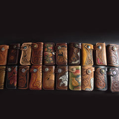 Handmade Skull Tooled Black Leather Mens Long Biker Wallet Biker Chain Wallet For Men - imessengerbags