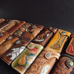 Handmade Skull Tooled Black Leather Mens Long Biker Wallet Biker Chain Wallet For Men - imessengerbags