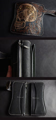 Handmade Skull Tooled Black Leather Mens Long Biker Wallet Biker Chain Wallet For Men - imessengerbags