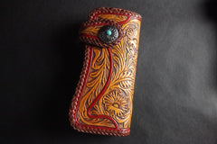 Handmade Skull Tooled Black Leather Mens Long Biker Wallet Biker Chain Wallet For Men - imessengerbags