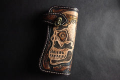 Handmade Skull Tooled Black Leather Mens Long Biker Wallet Biker Chain Wallet For Men