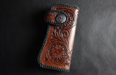 Handmade Skull Tooled Black Leather Mens Long Biker Wallet Biker Chain Wallet For Men - imessengerbags