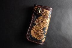 Handmade Skull Tooled Black Leather Mens Long Biker Wallet Biker Chain Wallet For Men