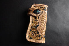 Handmade Skull Tooled Black Leather Mens Long Biker Wallet Biker Chain Wallet For Men - imessengerbags