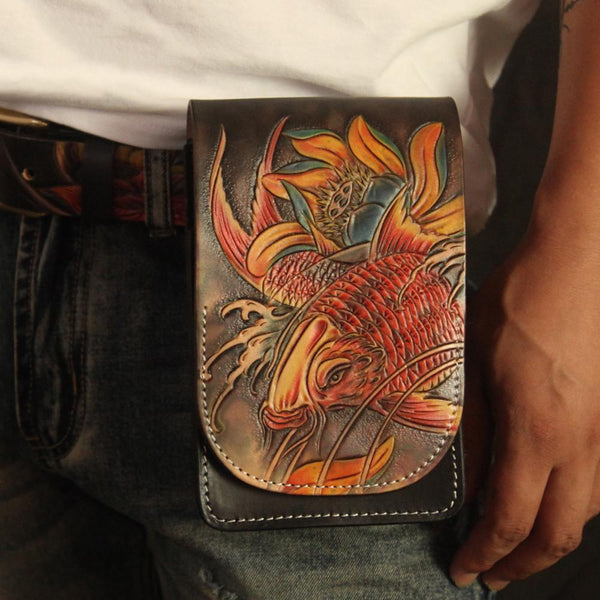 Tooled Carp Handmade Leather Mens Belt Pouch Waist Bag Belt Phone Bag Mobile Bag For Men - imessengerbags