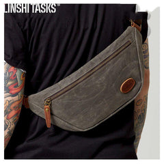 Blue Waxed Canvas Leather Fanny Pack Men's Chest Bag Sling Hip Bag Waist Bag For Men