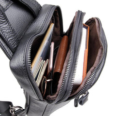 Top Black Leather Backpack Men's  Sling Bag Chest Bag Top One shoulder Backpack Sling Pack For Men - imessengerbags