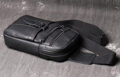 Black Leather Sling Backpack Sling Bag Chest Bag One shoulder Backpack Black Sling Pack For Men - imessengerbags