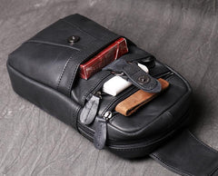 Black Leather Sling Backpack Sling Bag Chest Bag One shoulder Backpack Black Sling Pack For Men - imessengerbags
