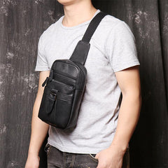 Black Leather Sling Backpack Sling Bag Chest Bag One shoulder Backpack Black Sling Pack For Men - imessengerbags