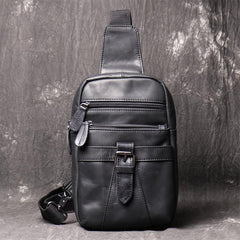 Black Leather Sling Backpack Sling Bag Chest Bag One shoulder Backpack Black Sling Pack For Men - imessengerbags