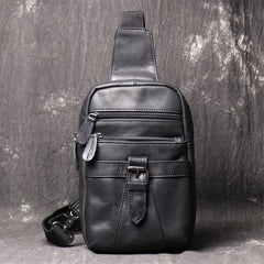 Black Leather Sling Backpack Sling Bag Chest Bag One shoulder Backpack Black Sling Pack For Men