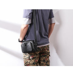 Casual Black Leather MENS Small Side Bags Black Messenger Bag Leather Courier Bag For Men