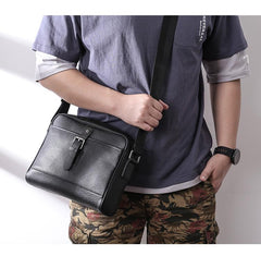 Casual Black Leather MENS Small Side Bag Black Messenger Bag Leather Courier Bag For Men