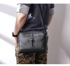 Casual Black Leather MENS Small Side Bag Black Messenger Bag Leather Courier Bag For Men