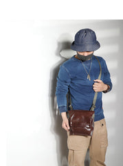 Casual Black Leather Mens Vertical Side Bag Messenger Bag Cool Brown Postman Bag Courier Bag for Men - imessengerbags
