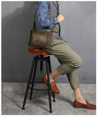 Casual Green Leather Mens Small Side Bag Messenger Bag Brown Post Bag Courier Bags for Men - imessengerbags