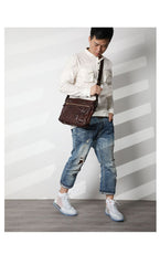 Casual Black Leather Mens Cool Side Bags Messenger Bag Brown Postman Courier Bags for Men - imessengerbags