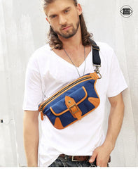 Casual Blue Nylon Leather Fanny Pack Men's Chest Bag Hip Bag Waist Bag For Men