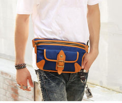 Casual Blue Nylon Leather Fanny Pack Men's Chest Bag Hip Bag Waist Bag For Men