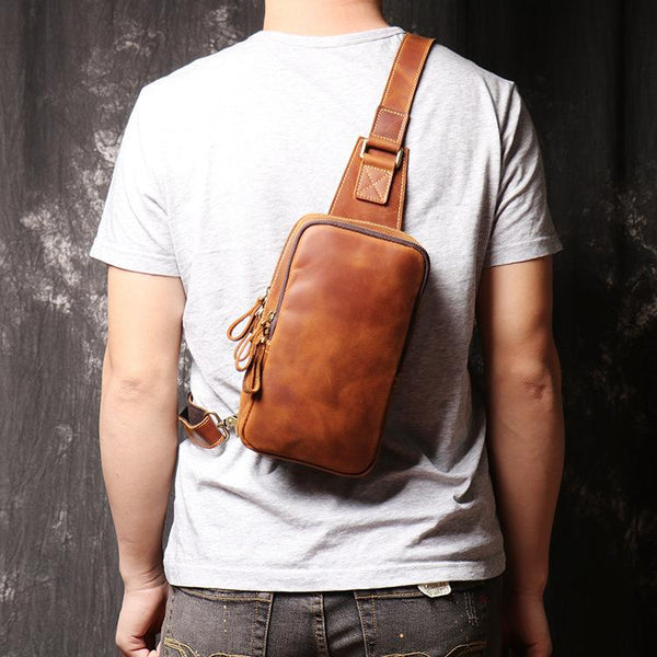 Best Brown Leather Men's Sling Bag Chest Bag Brown One shoulder Backpack Sling Pack For Men - imessengerbags