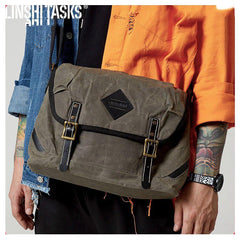 Casual Waxed Canvas Leather Mens Navy Blue Side Bag Messenger Bags Waxed Canvas Courier Bag for Men