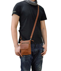 Casual Brown Leather Mini Messenger Bag Men's Belt Pouch Belt Bag Waist Pouch For Men