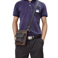 Casual Brown Leather Mini Messenger Bag Men's Belt Pouch Belt Bag Waist Pouch For Men