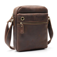 Casual Dark Coffee Leather Messenger Bag Men's 8 inches Side Bag Vertical Phone Bag Courier Bag For Men