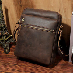 Casual Dark Coffee Leather Messenger Bag Men's 8 inches Side Bag Vertical Phone Bag Courier Bag For Men