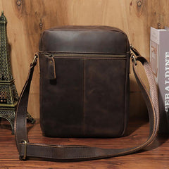 Casual Dark Coffee Leather Messenger Bag Men's 8 inches Side Bag Vertical Phone Bag Courier Bag For Men