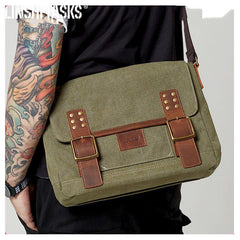 Black Canvas Leather Mens Side Bag Messenger Bags Army Green Canvas Courier Bag for Men
