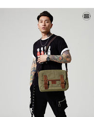 Black Canvas Leather Mens Side Bag Messenger Bags Army Green Canvas Courier Bag for Men - imessengerbags